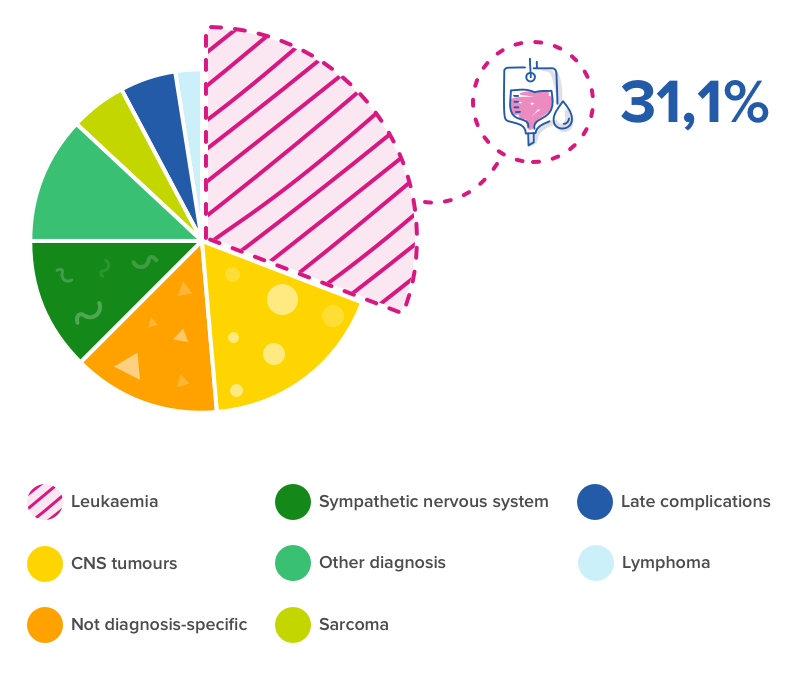 Utav de forskningsanslag som fördelas till forskningsprojekt satsas det mest på leukemiforskning. Totalt 29 procent av forskningsanslagen gick under 2016 till forskningsprojekt inom leukemi.
